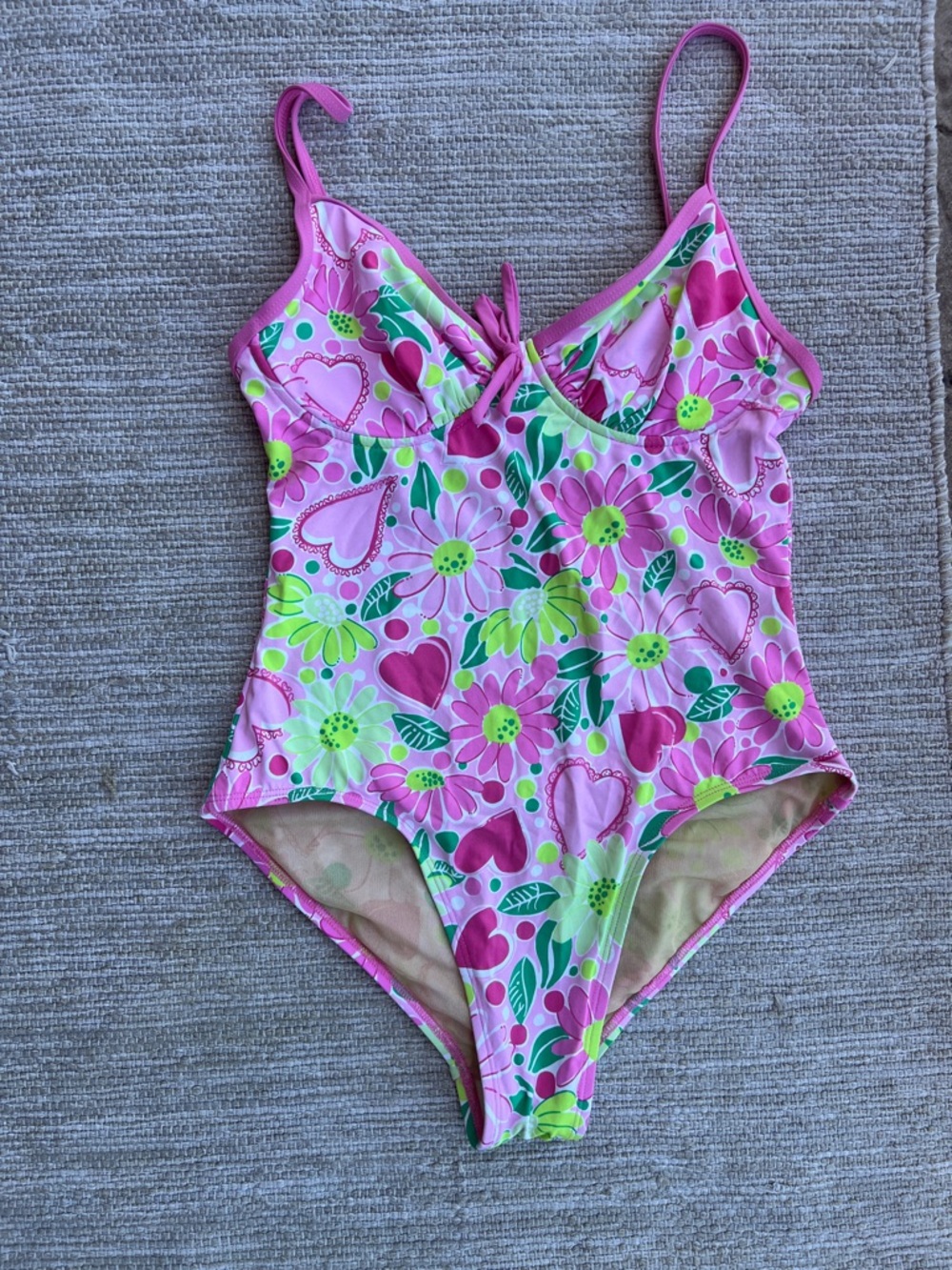 Vintage Lilly Pulitzer Bright Flower Heart Pink Green One Piece Swimsuit size 4